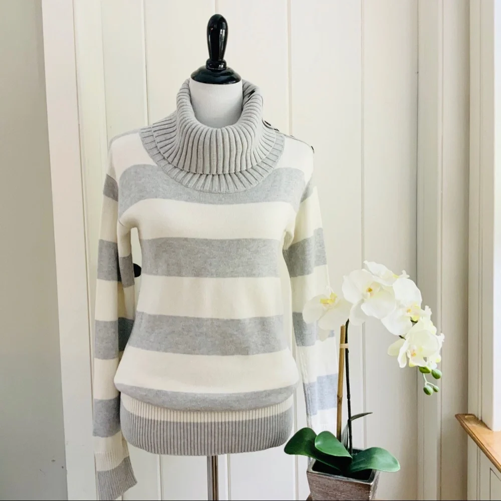 BANANA REPUBLIC Grey & Ivory Striped Cowl Neck - Picture 1 of 5